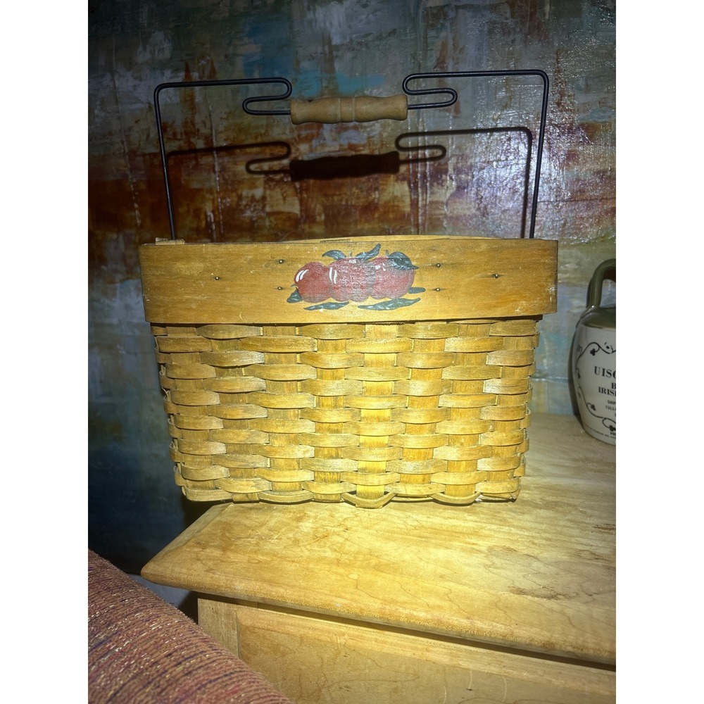 Vintage Woven Wood Divided Basket Hand Painted Apple Farmhouse Rustic Caddy